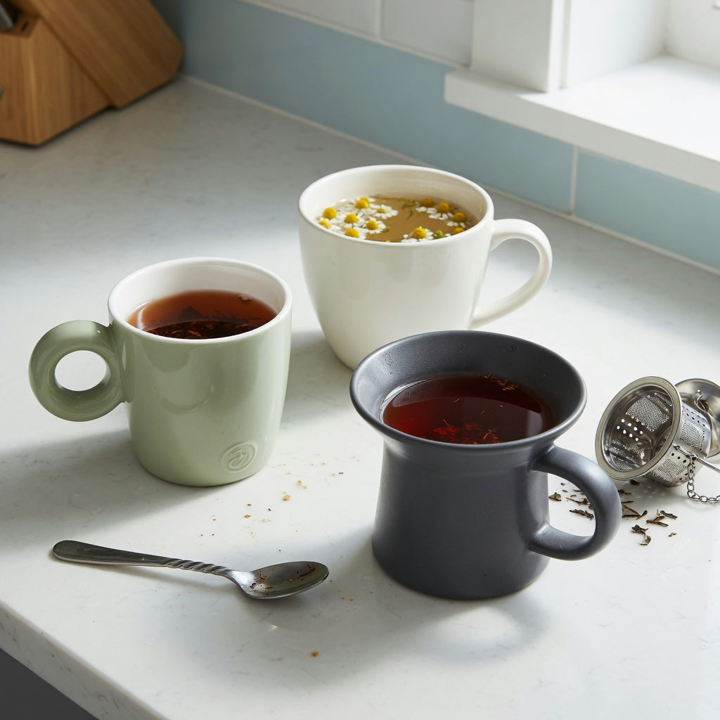 loose leaf tea mug gift choice practical purchase checklist comparing the 250 ml Ball Handle, 390 ml Round, and 400 ml Spittoon mugs on a kitchen counter