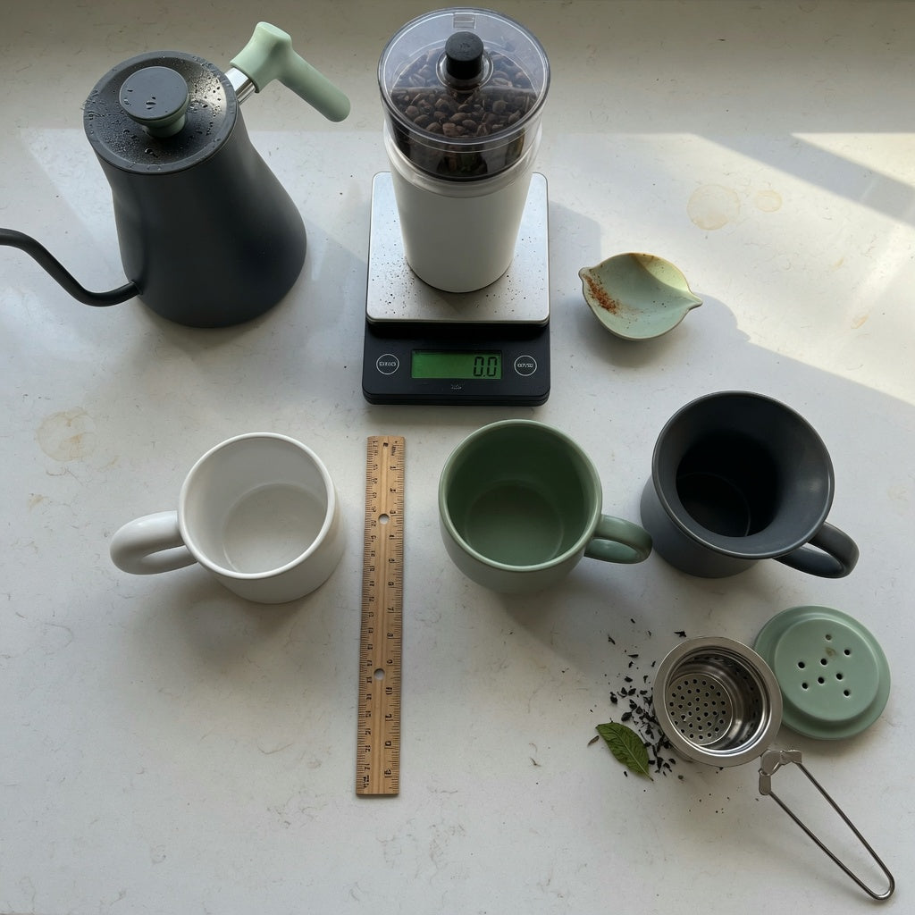 Loose leaf tea mug home coffee station practical purchase checklist showing three mug profiles beside a kettle and grinder