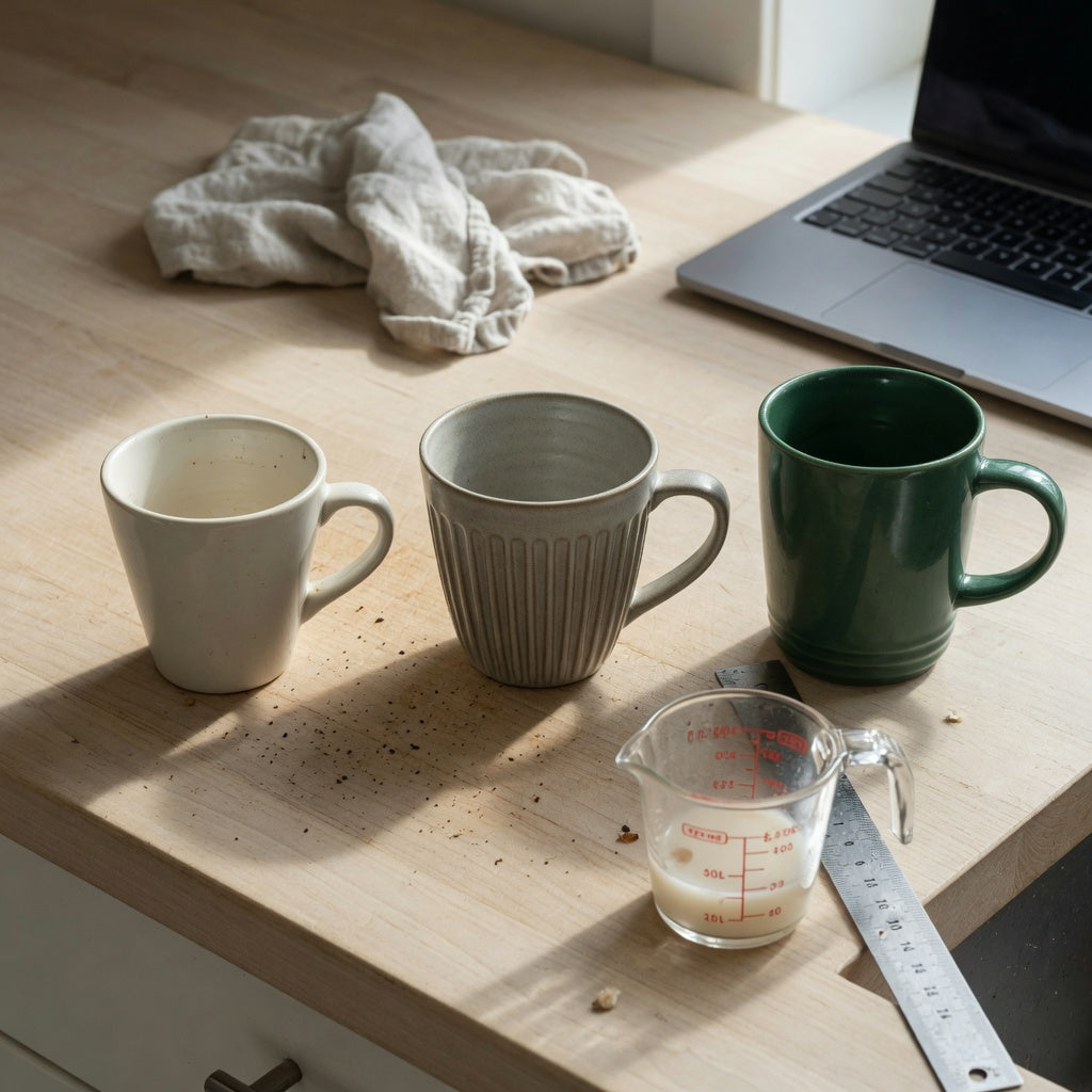 Lungo coffee cup buying priorities shown with Retro 170 ml, Pleated 200 ml, and Emerald 270 ml options beside a measuring jug