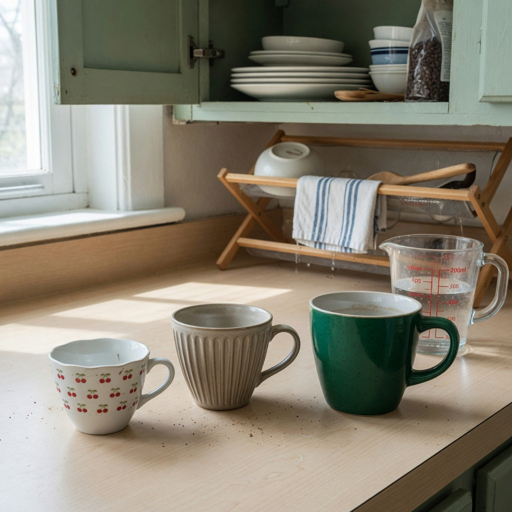 Three cups arranged for a lungo coffee cup everyday mug rotation product shortlist guide on a kitchen counter