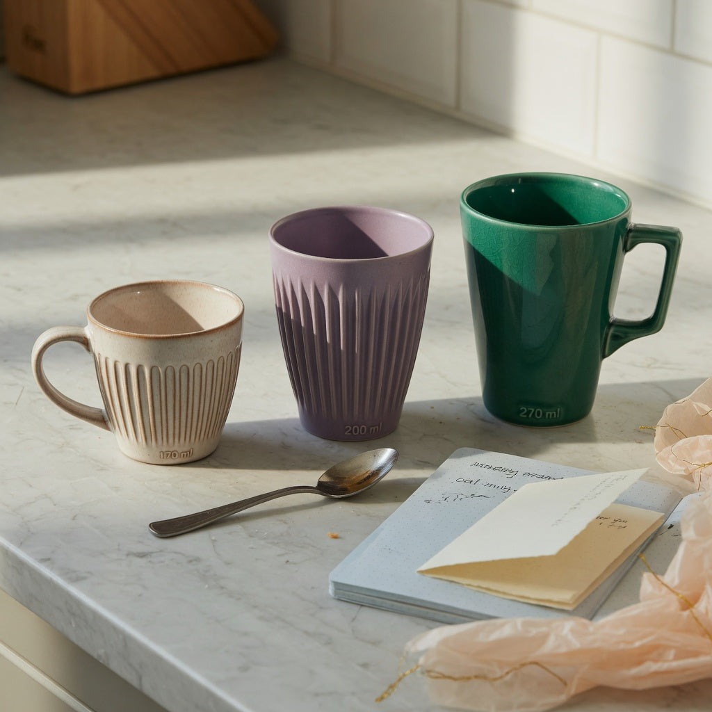 Three cups in a lungo coffee cup gift choice product shortlist guide, comparing Retro 170 ml, Pleated 200 ml, and Emerald 270 ml capacities