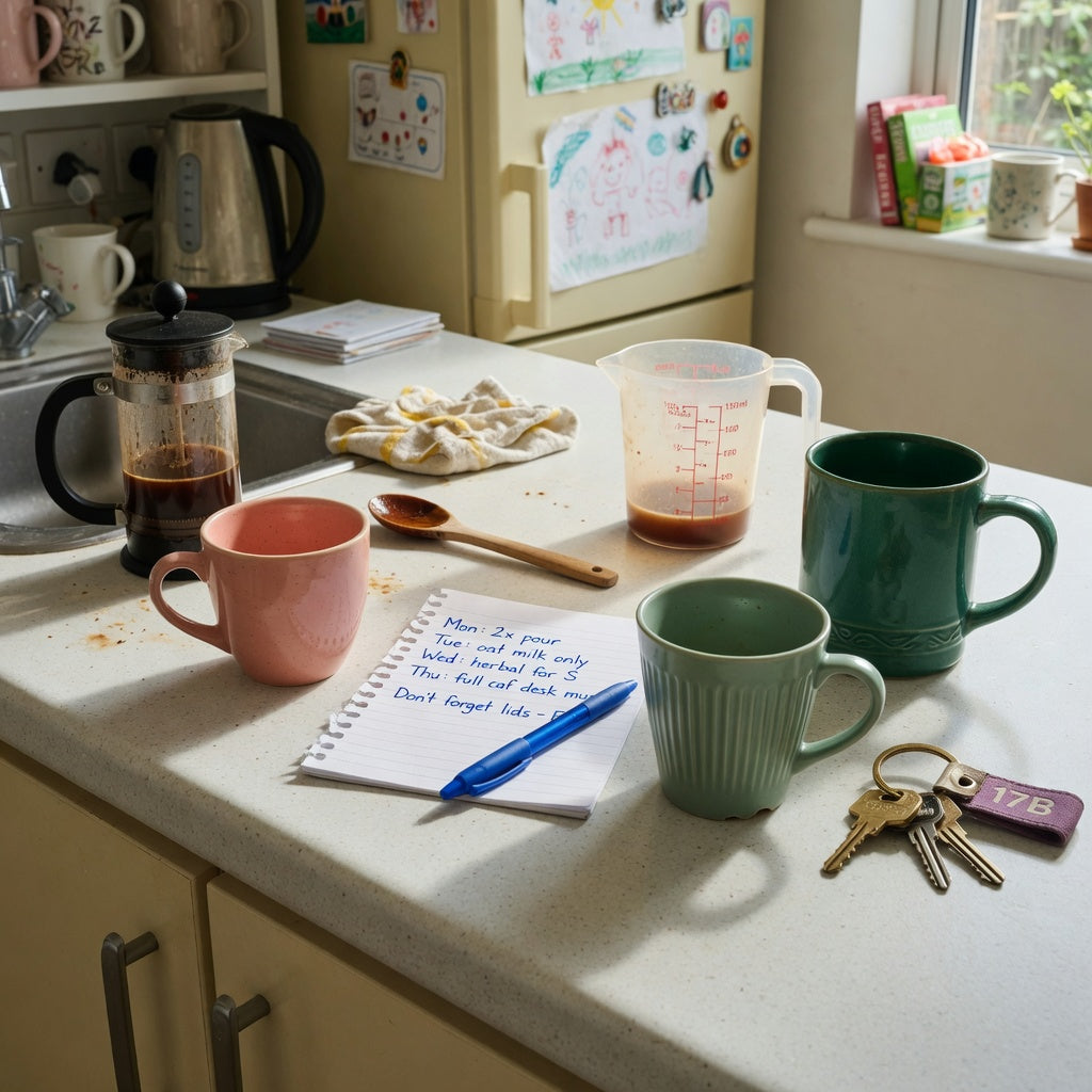 lungo coffee cup shared household practical purchase checklist with 170 ml, 200 ml, and 270 ml options beside a measuring jug