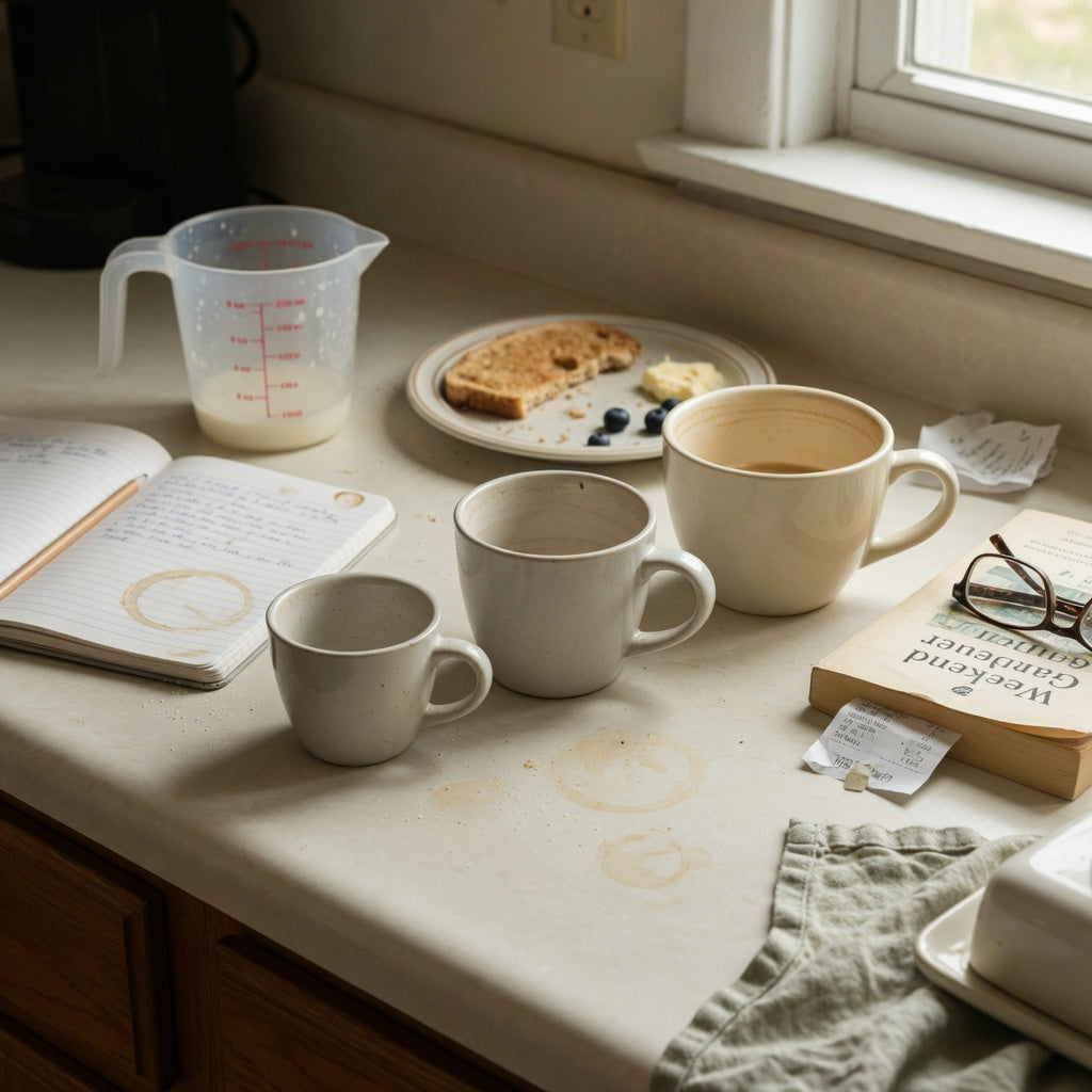lungo coffee cup weekend coffee practical purchase checklist comparing three listed capacities on a weekend kitchen counter