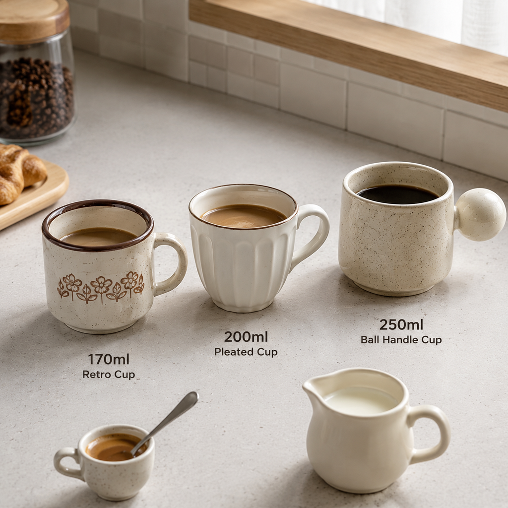 Macchiato cup size comparison with compact 170 ml, 200 ml, and 250 ml ceramic cups on a kitchen counter