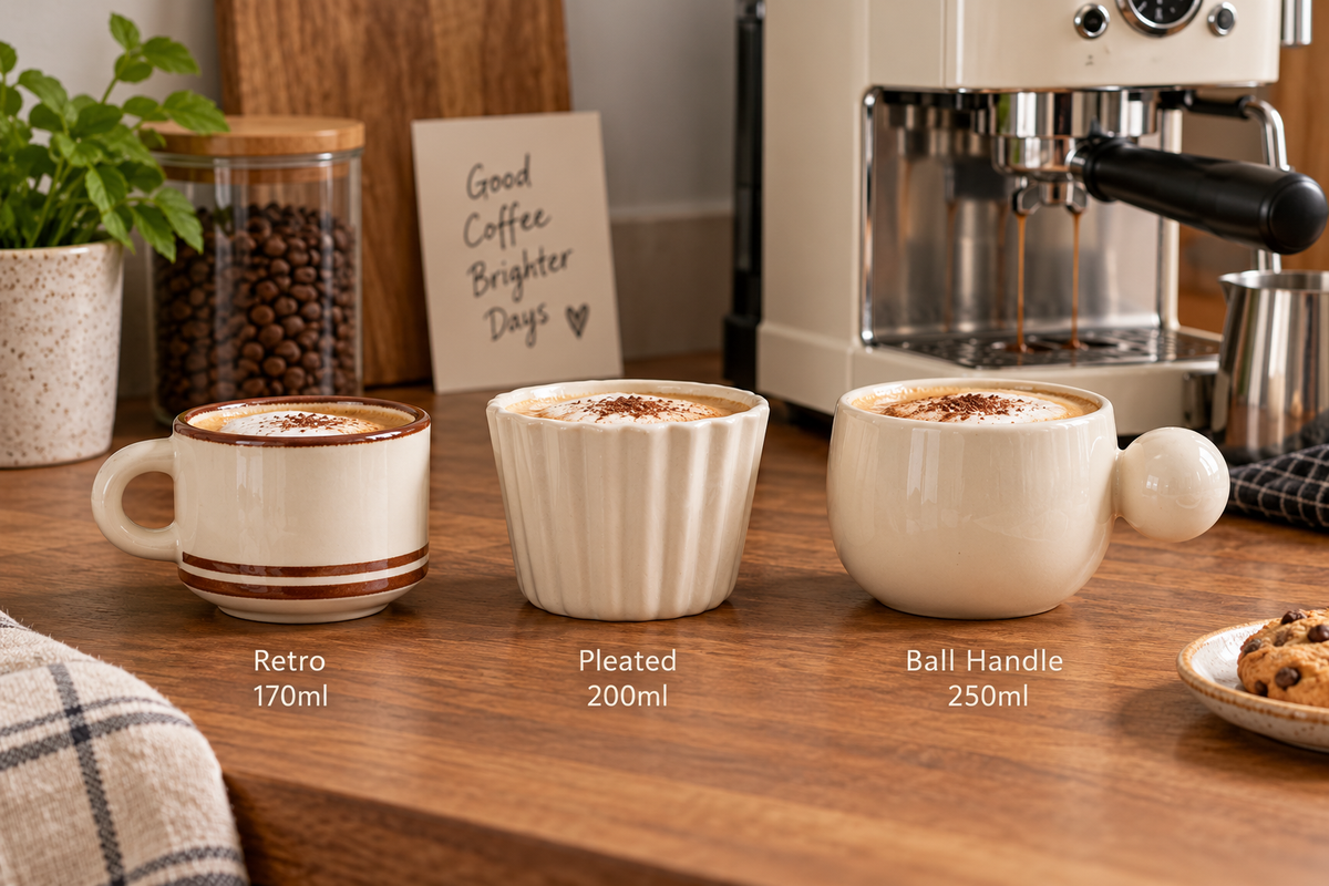 macchiato cup gift options including retro 170ml, pleated 200ml, and ball handle 250ml designs