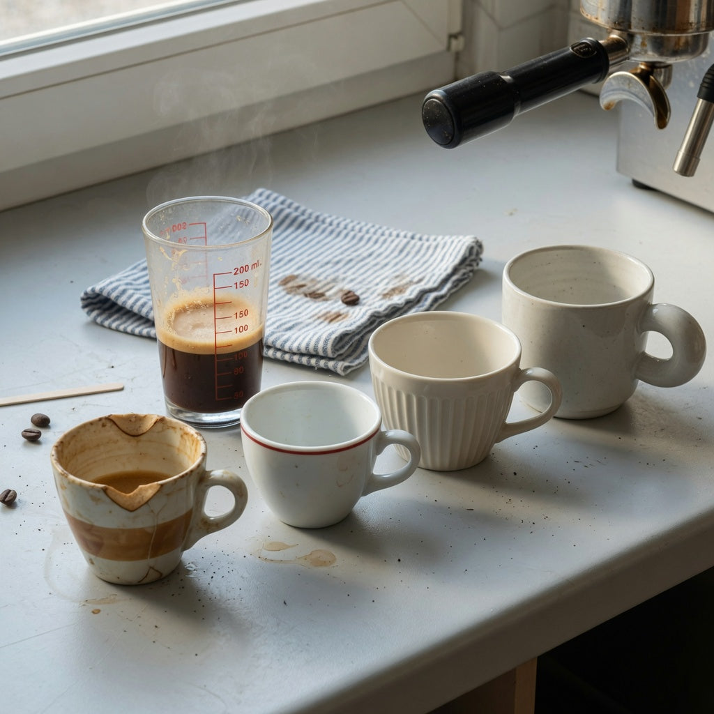 Macchiato cup replacement purchase practical purchase checklist with 170 ml Retro, 200 ml Pleated, and 250 ml Ball Handle cups beside a measured espresso pour