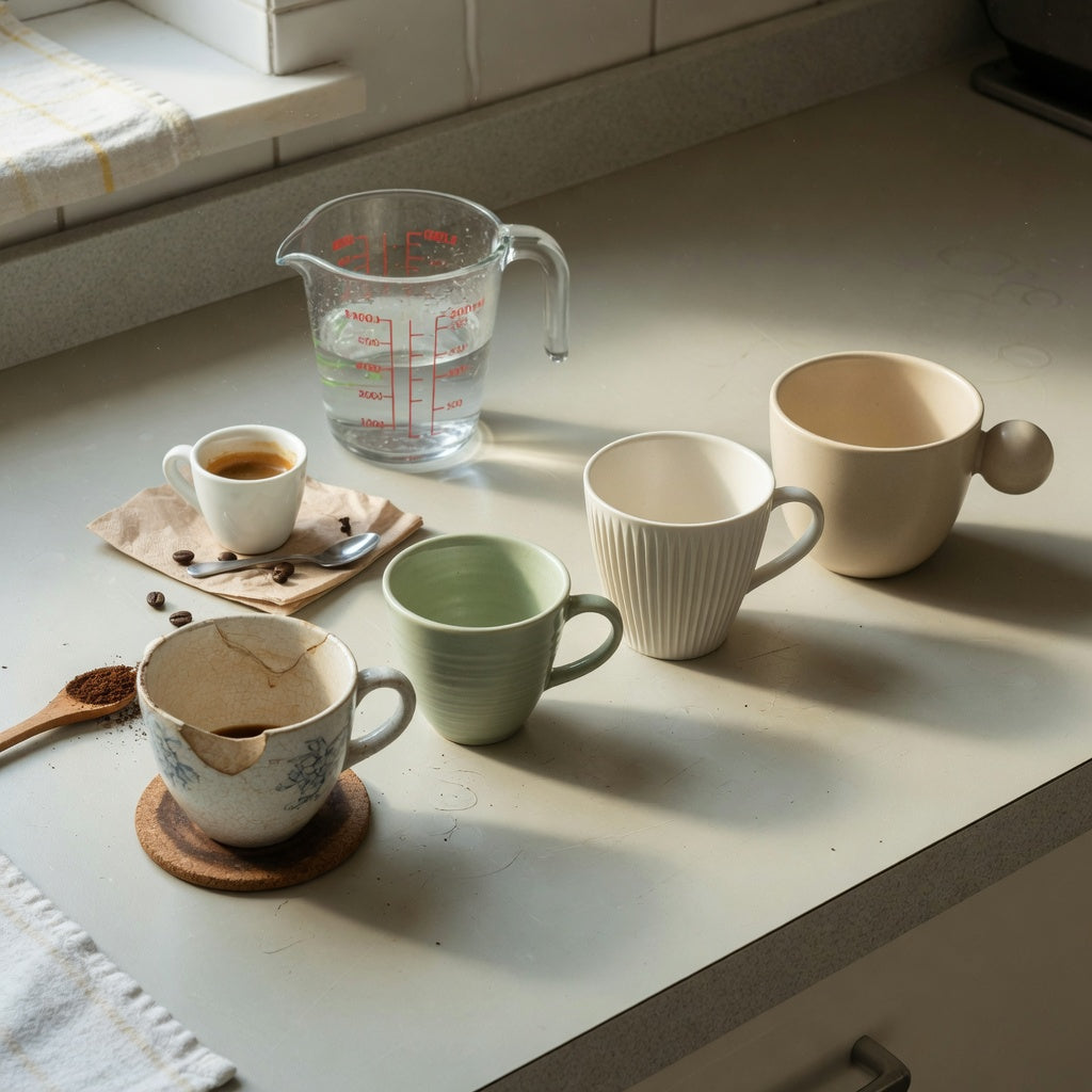 Macchiato cup replacement purchase product shortlist guide comparing Retro 170 ml, Pleated 200 ml, and Ball Handle 250 ml ceramic cups