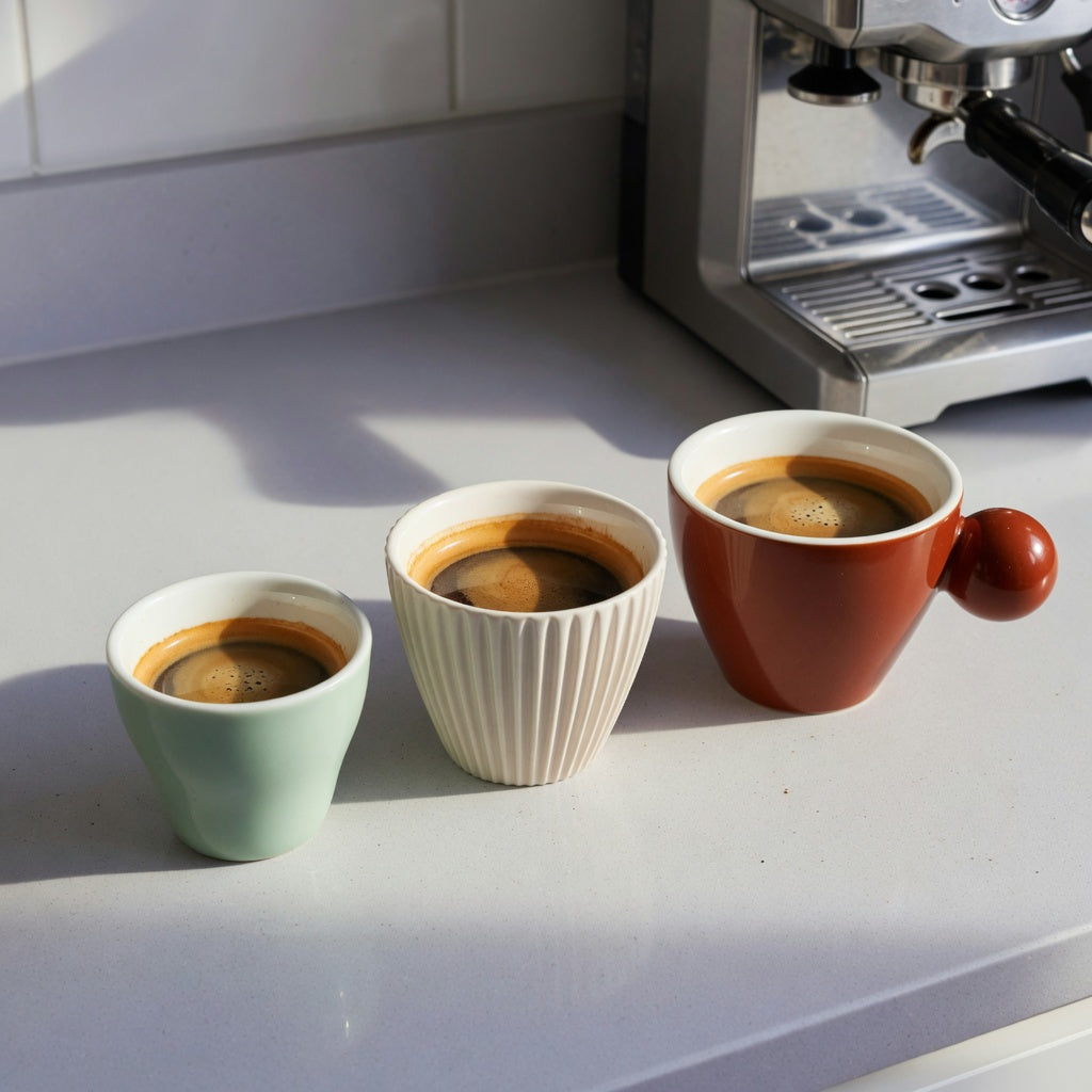 A macchiato cup size decision guide comparison of 170 ml Retro, 200 ml Pleated and 250 ml Ball Handle cups with different foam headroom