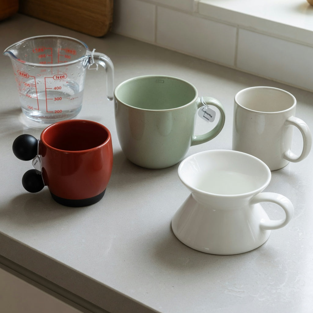 Ball Handle, Round, and Spittoon options beside a measuring jug for a matcha latte mug gift choice practical purchase checklist