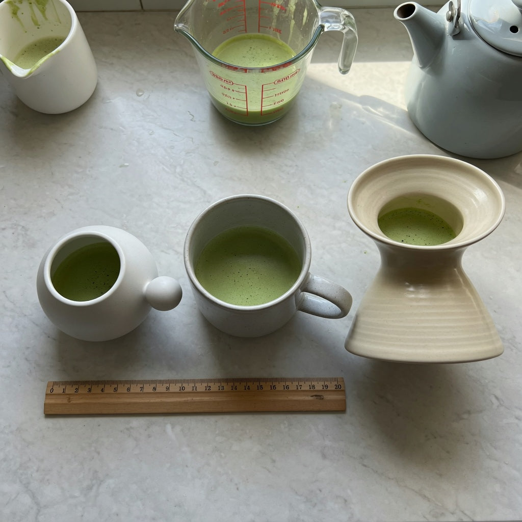 Matcha latte mug home coffee station practical purchase checklist with 250 ml, 390 ml, and 400 ml mug options