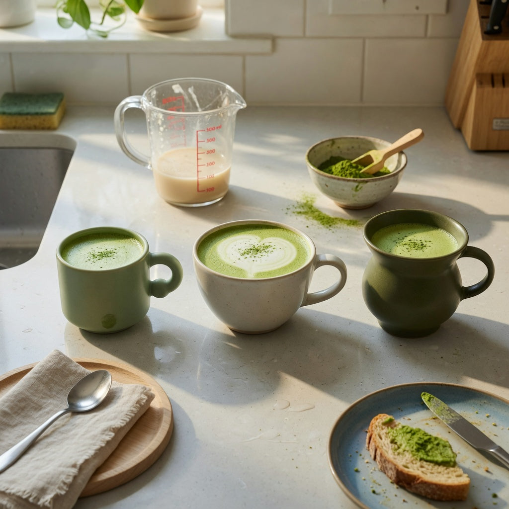 Matcha latte mug shared household practical purchase checklist showing Ball Handle, Round and Spittoon mug shapes on a kitchen counter