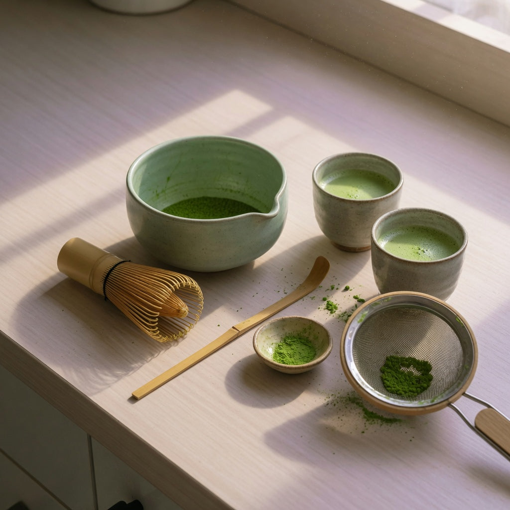 A matcha set with cups and pouring bowl on a kitchen counter beside a bamboo whisk and scoop