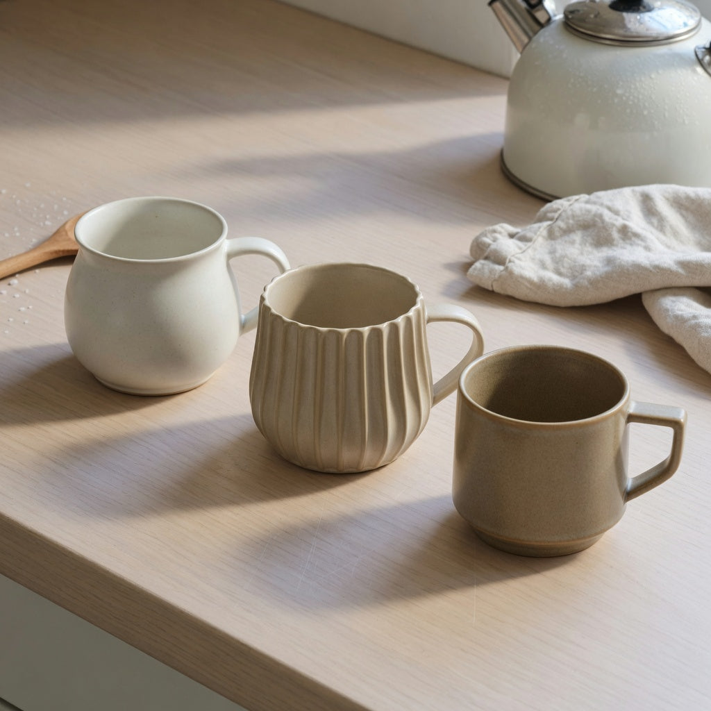 Round, pleated, and retro-style minimalist ceramic mug forms on a light kitchen counter