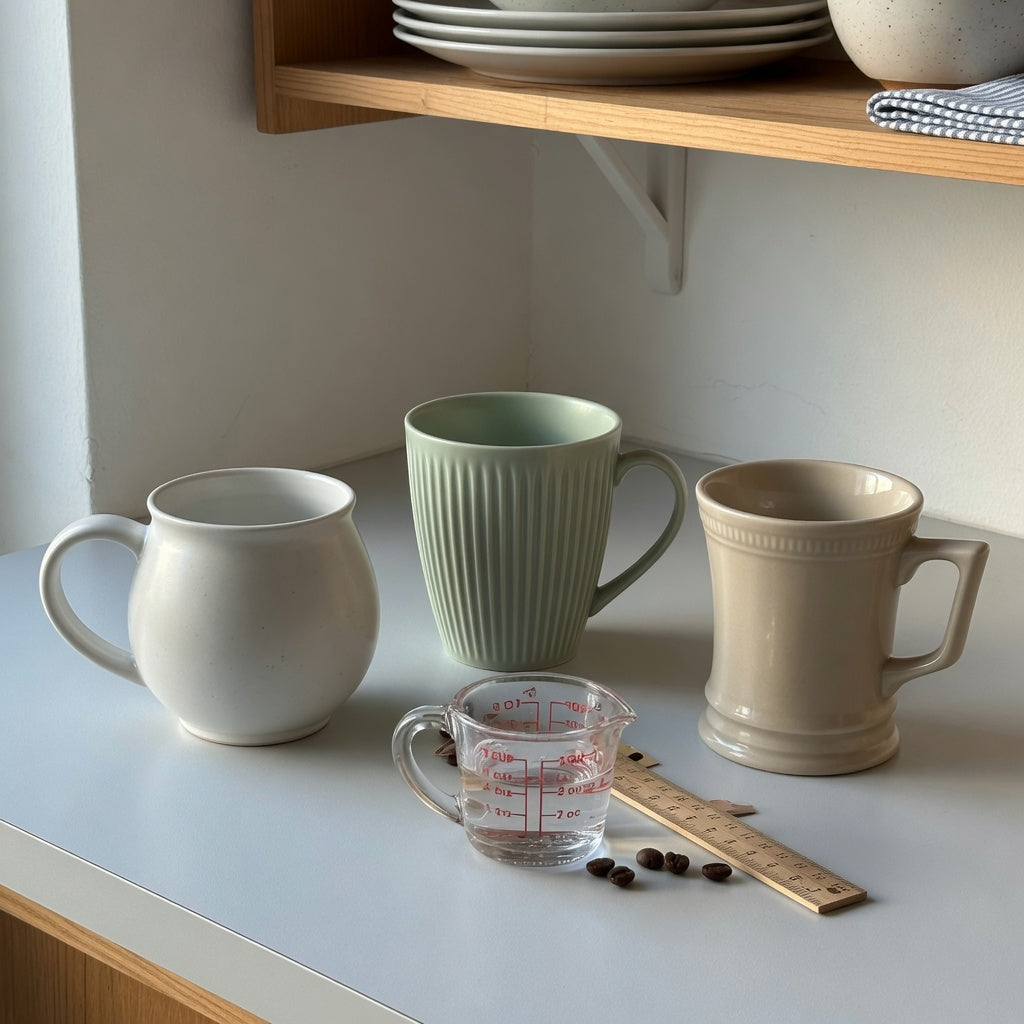 Round, pleated, and retro mugs compared for minimalist ceramic mug buying priorities on a compact counter
