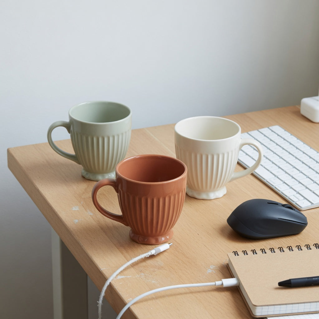 minimalist ceramic mug for desk use beside a keyboard with visible base and handle clearance