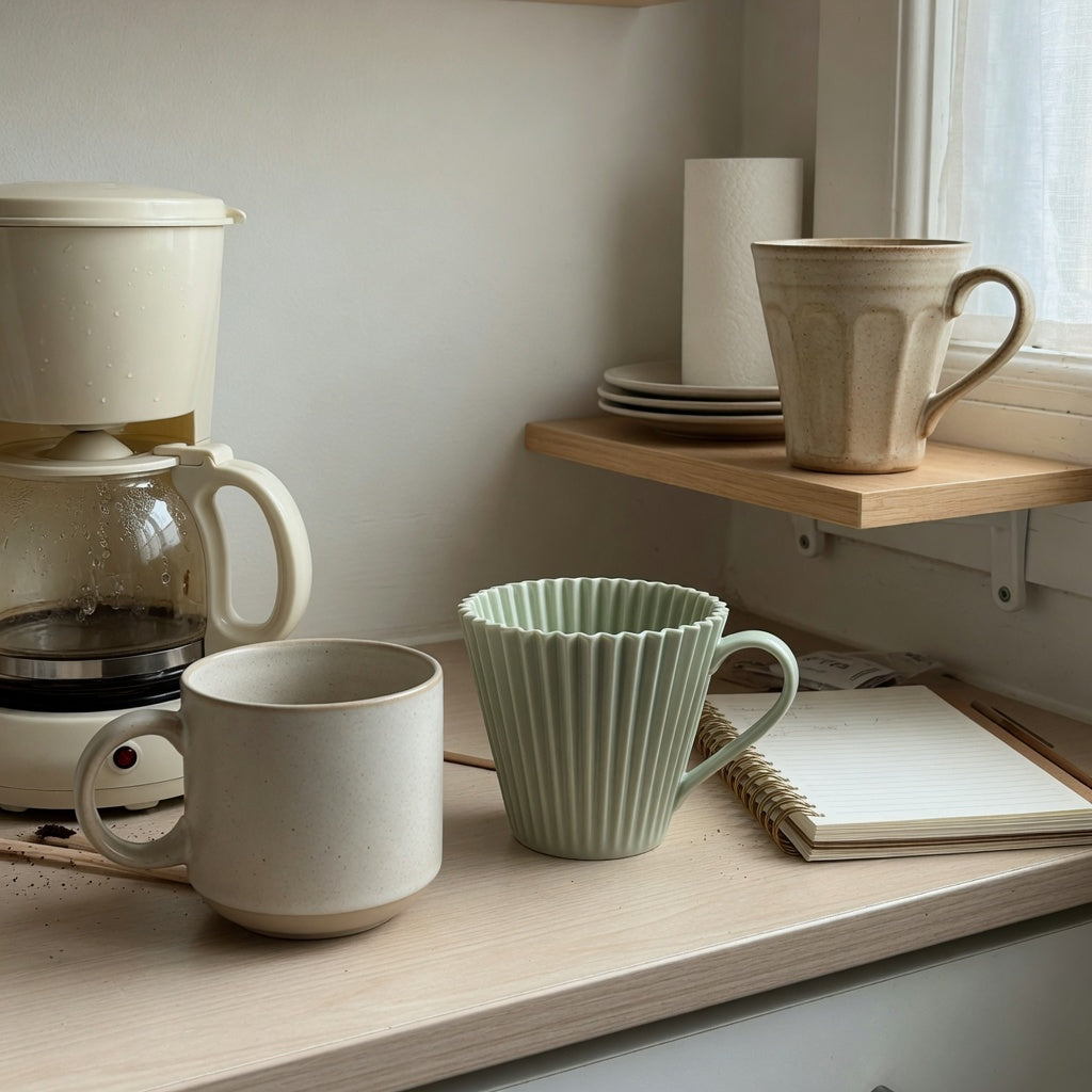 minimalist ceramic mug everyday mug rotation product shortlist guide showing round, pleated, and retro ceramic cups on a kitchen counter