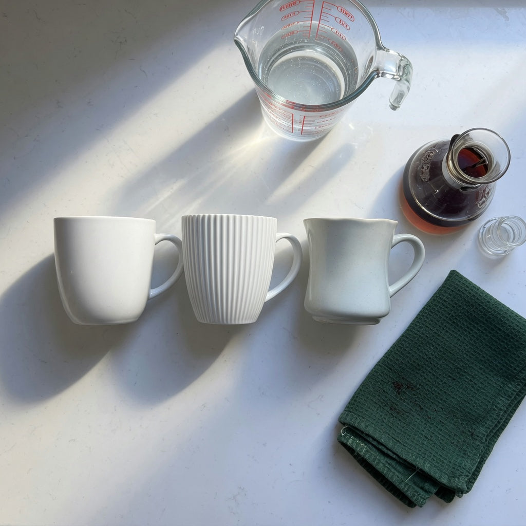 Minimalist ceramic mug first time buyer product shortlist guide showing round, pleated, and retro ceramic mugs beside a measuring jug