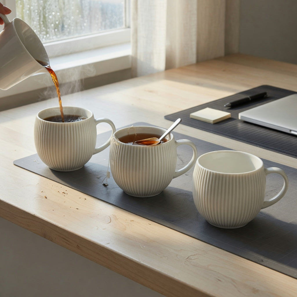 Minimalist ceramic mug gift choice practical purchase checklist showing round, pleated, and retro ceramic forms beside coffee and tea