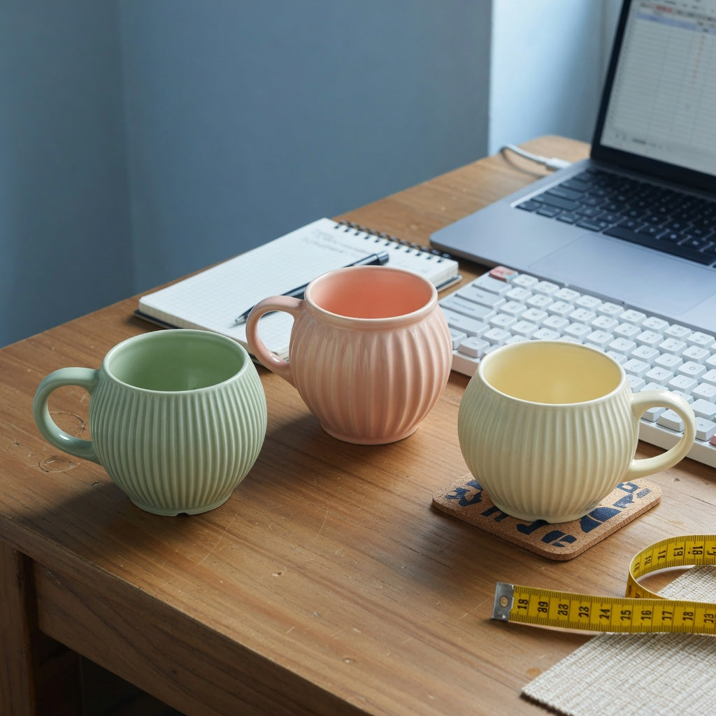 Minimalist ceramic mug home office practical purchase checklist showing round, pleated, and retro cups beside a laptop