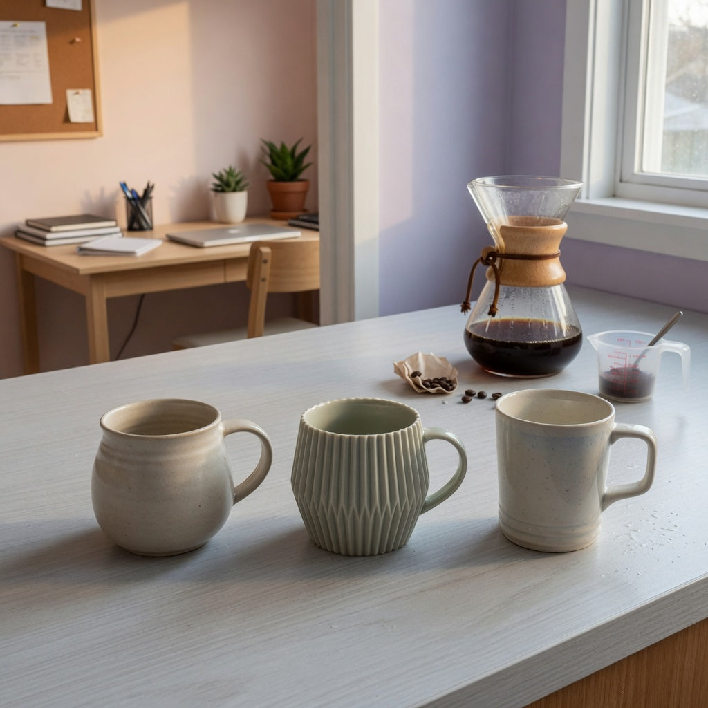 Minimalist ceramic mug morning routine practical purchase checklist with round, pleated, and retro ceramic mugs on a kitchen counter