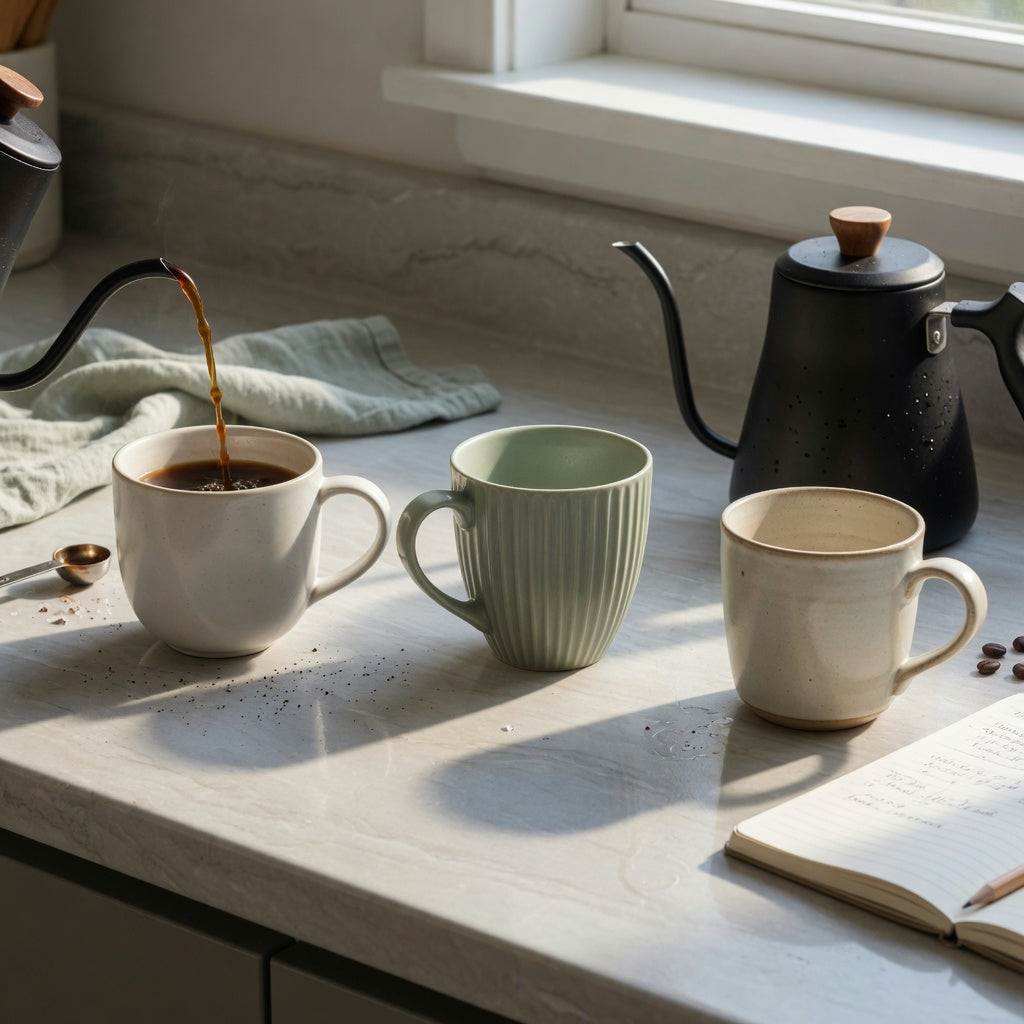 Minimalist ceramic mug morning routine product shortlist guide comparing round, pleated, and retro ceramic cups on a kitchen counter
