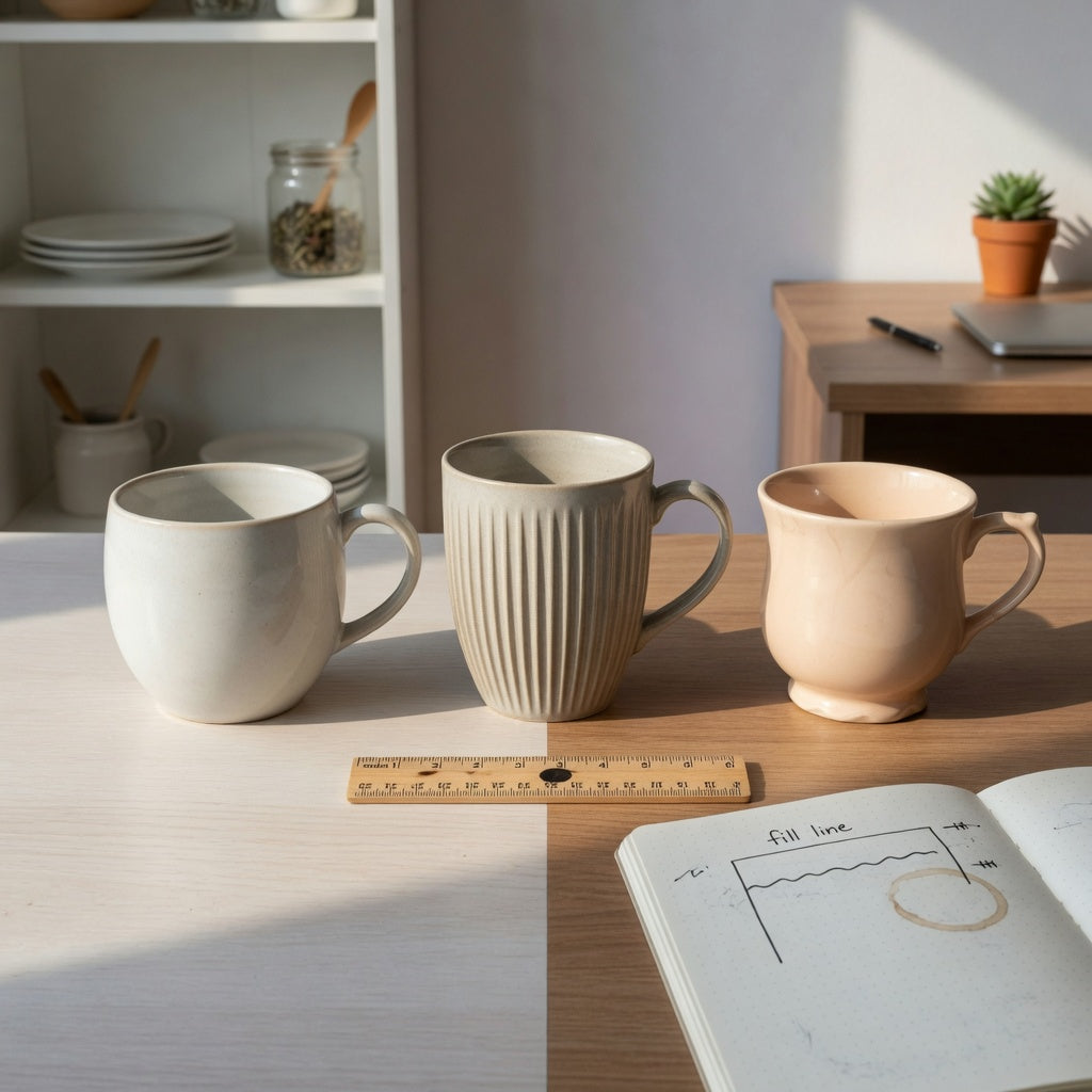 Round, pleated, and retro ceramic mugs arranged for a minimalist ceramic mug replacement purchase product shortlist guide