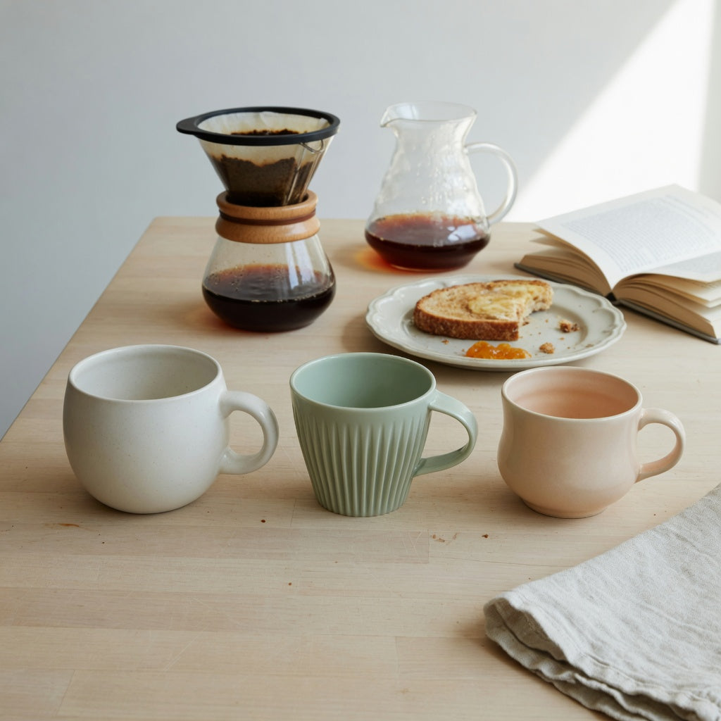 Minimalist ceramic mug weekend coffee product shortlist guide with round, pleated, and retro ceramic mugs on a Saturday breakfast table