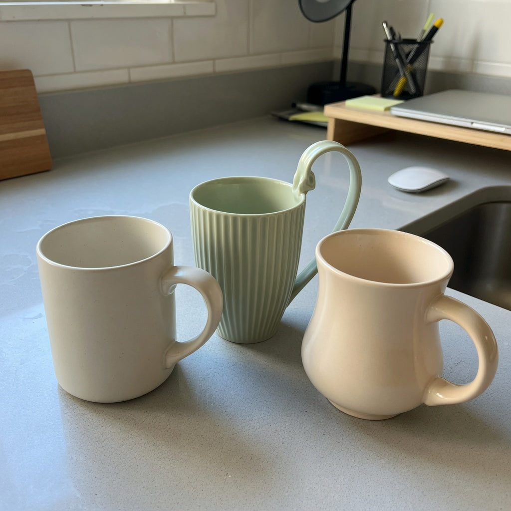 A minimalist ceramic mug shape and handle guide showing round, pleated, and retro ceramic mugs side by side