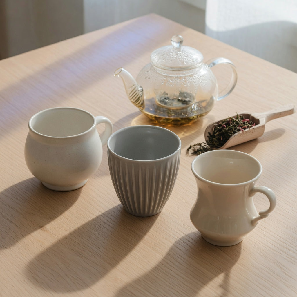 Three minimalist ceramic tea mugs in neutral glazes beside a glass teapot on an oak kitchen table