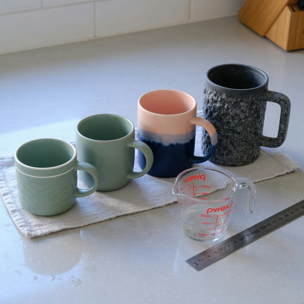Mocha mug buying priorities compared with 400 ml, 440 ml, and 480 ml mugs on a kitchen counter