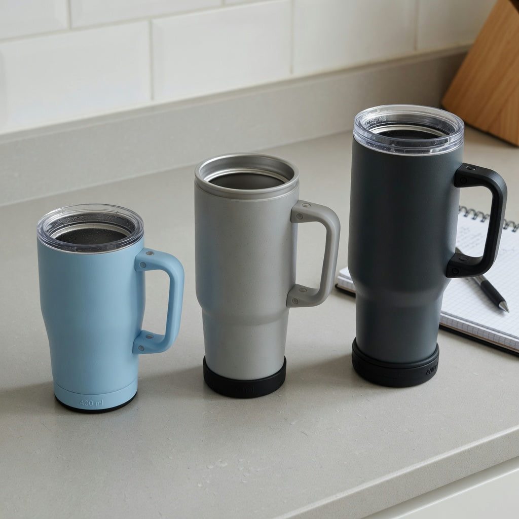 Mocha mug current product facts comparison showing The Flow 400 ml, Morning and Night 440 ml, and The Rock 480 ml mugs