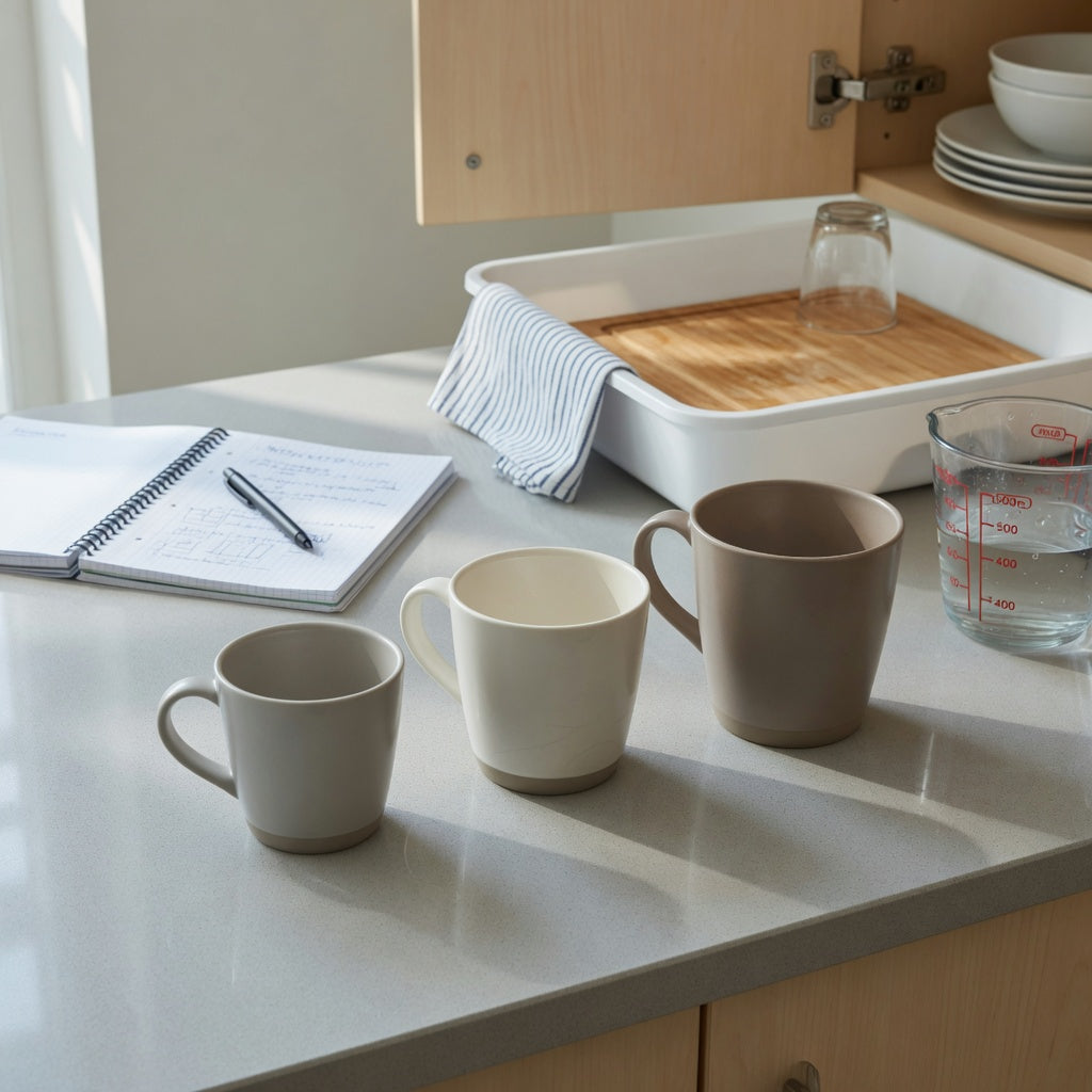 mocha mug everyday mug rotation product shortlist guide comparing 400 ml, 440 ml, and 480 ml mugs beside a cupboard and drying rack