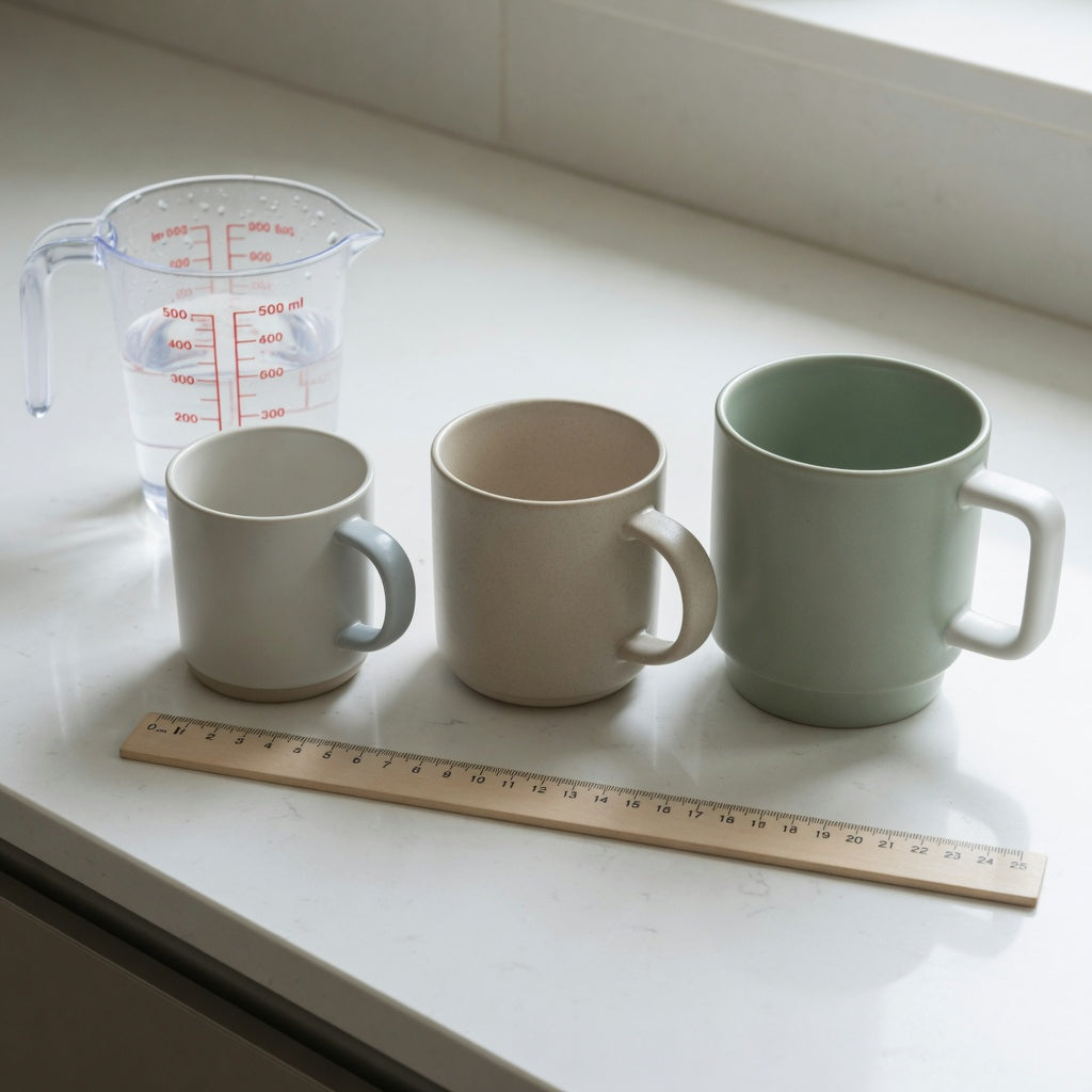 Three mugs beside a measuring jug for a mocha mug first time buyer practical purchase checklist comparing 400 ml, 440 ml and 480 ml capacities