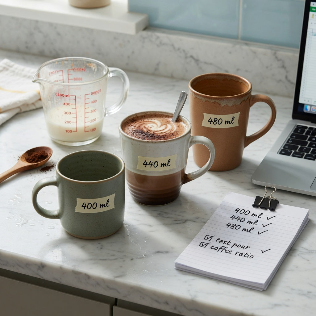 mocha mug gift choice practical purchase checklist comparing 400 ml, 440 ml, and 480 ml mugs on a kitchen counter