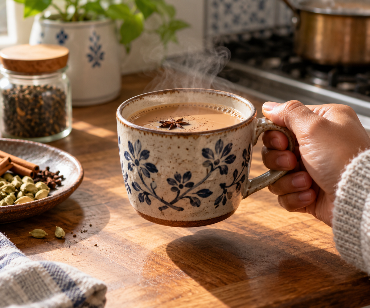 morning chai tea mug on kitchen counter for morning ritual