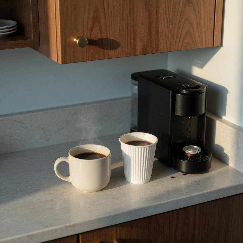 Morning coffee mug for the counter beside a compact brewer under a low apartment cabinet