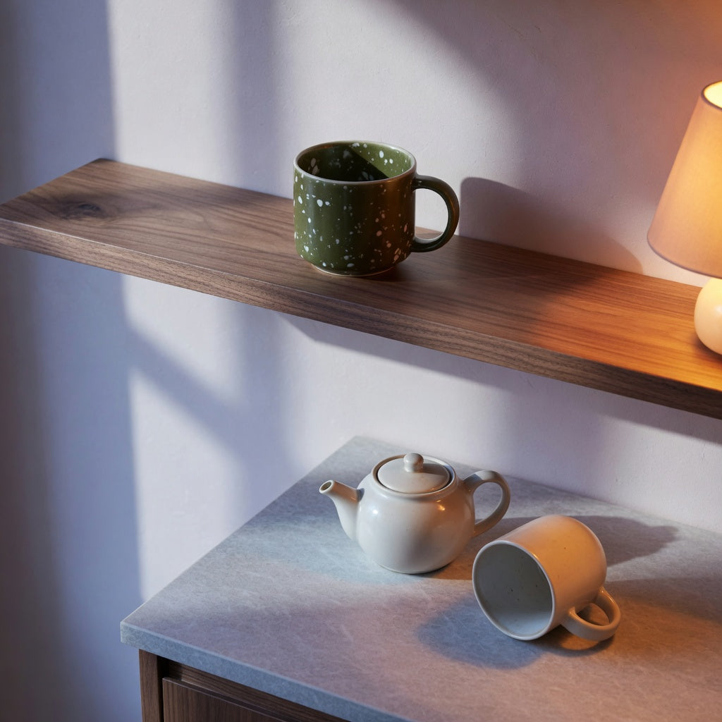 A morning night coffee tea mug for coffee lovers home decor on an open shelf above a coffee and tea station