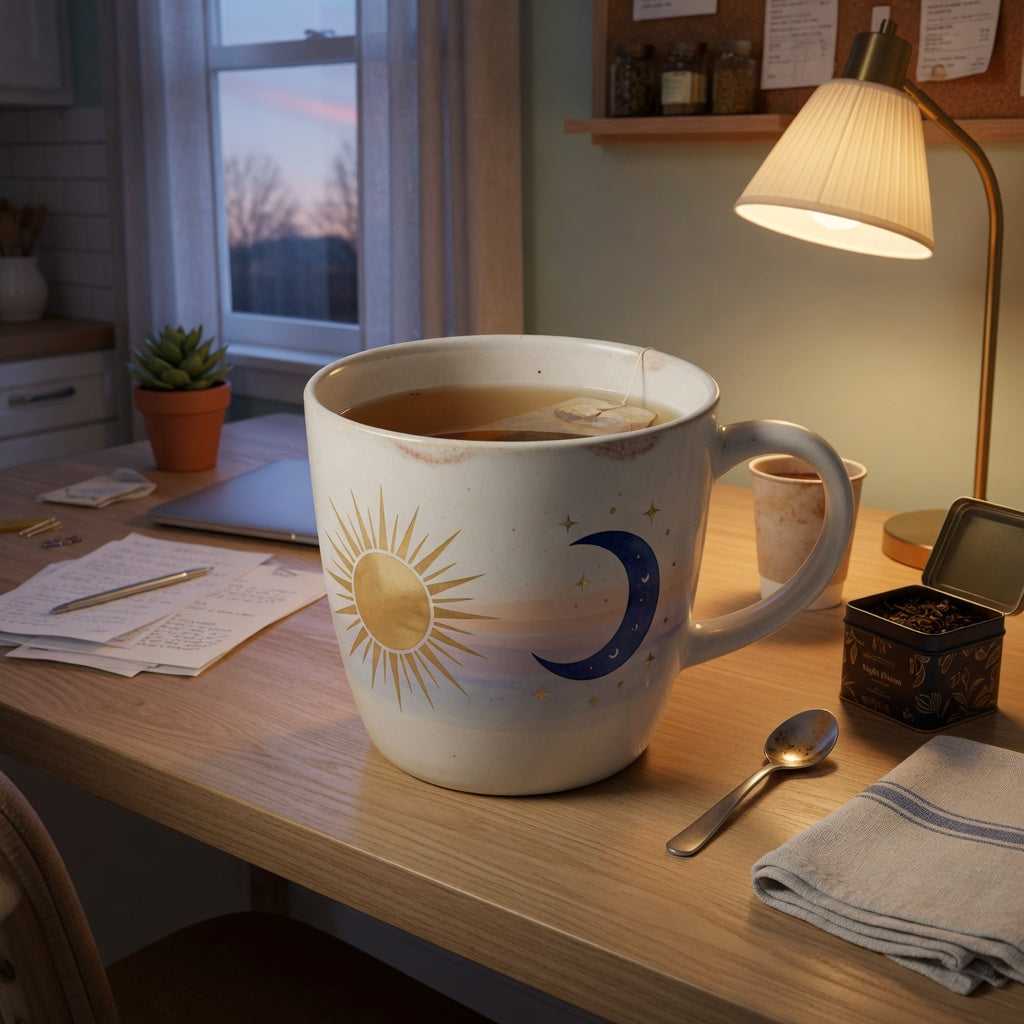Morning night mug ceramic with a sun and moon motif on a home-office desk