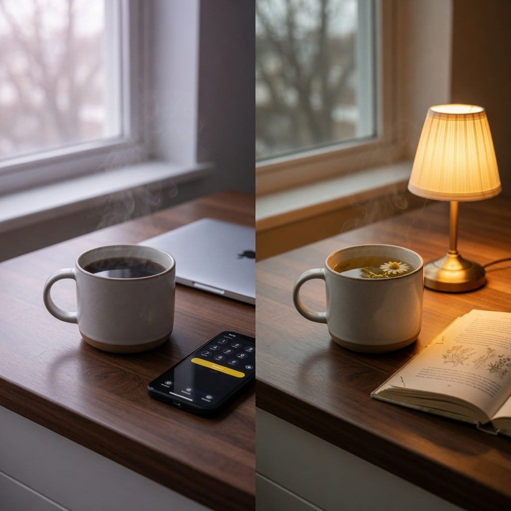 Morning night mug gift coffee tea comparison: large ceramic mug shown with morning coffee and evening herbal tea on a kitchen counter