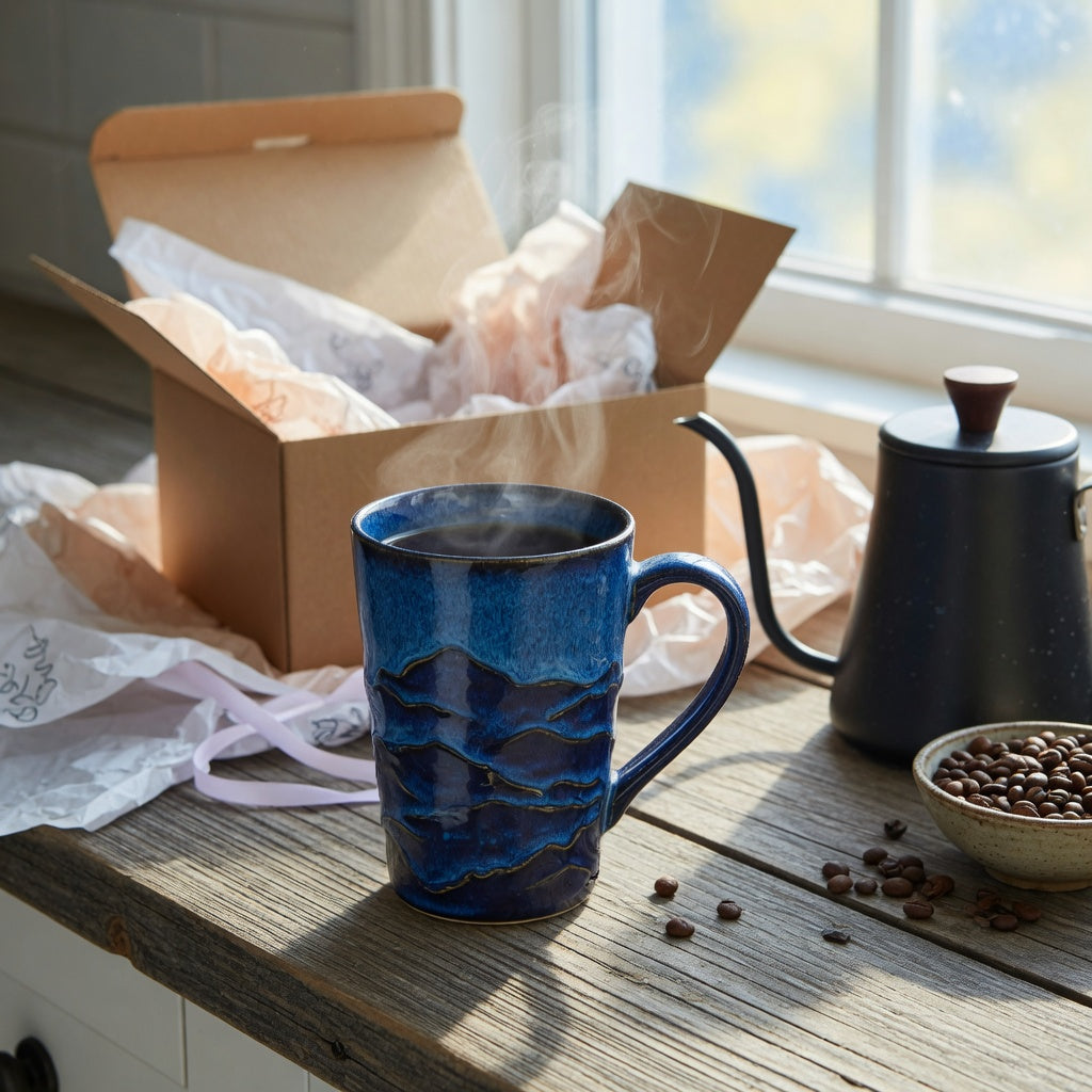 Mountain ceramic mug gift for coffee lovers — a tall mug with a mountain ridge design steaming on a wooden counter beside fresh beans and an open gift box