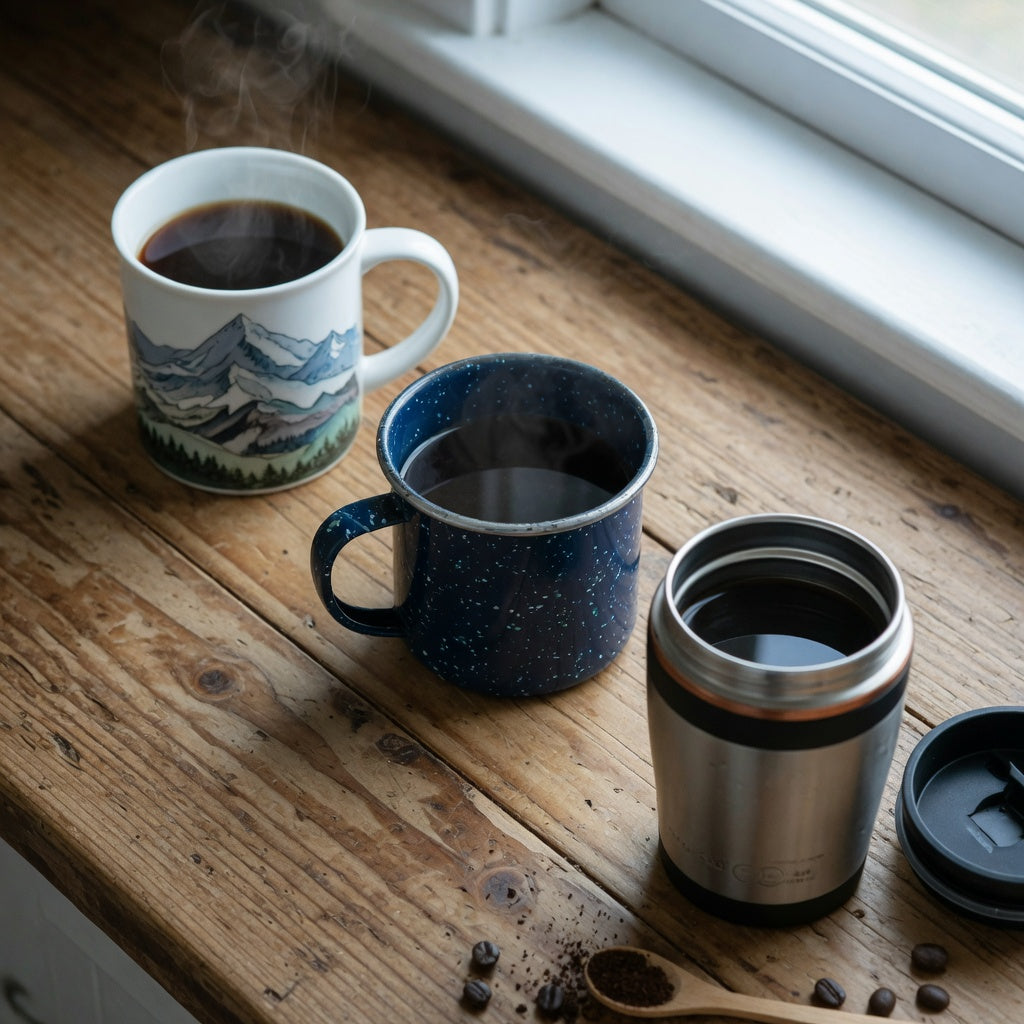 Mountain coffee mug buying checklist in action: ceramic mountain-scene mug, enamel camp mug, and insulated steel mug compared on a kitchen counter