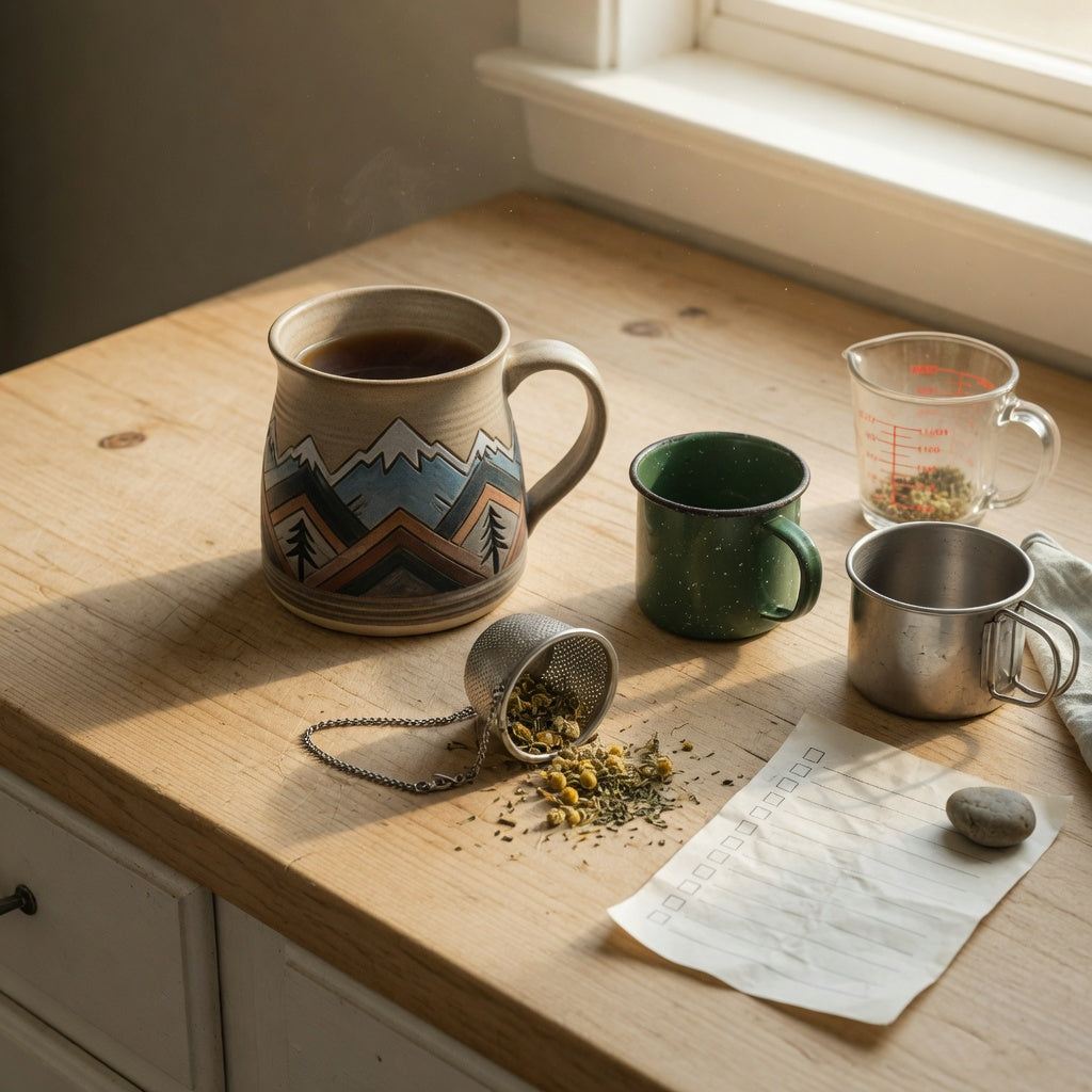 Mountain coffee tea mug buying checklist beside ceramic, enamel, and metal mugs with a measuring cup and tea infuser
