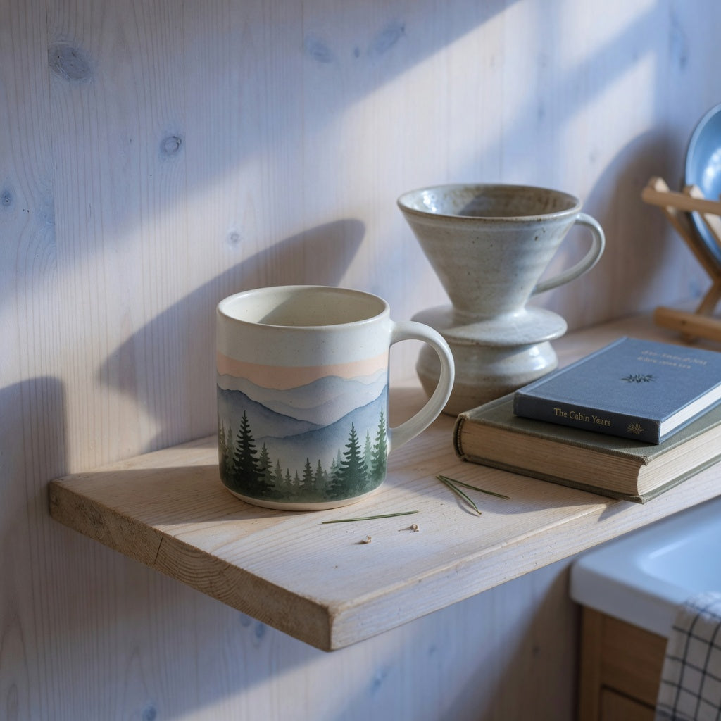 Ceramic mountain mug for home decor on an open wood kitchen shelf beside a pour-over