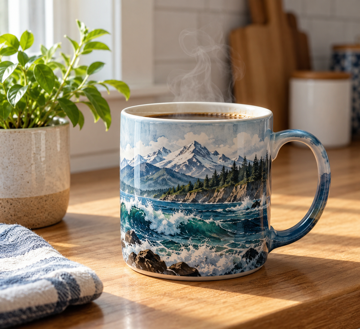 Mountain sea ceramic mug checklist featuring a detailed view of the ceramic coffee mug with thematic design