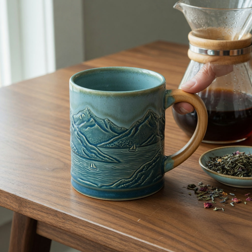 Mountain sea ceramic mug wooden handle beside loose-leaf tea and brewed coffee on a home desk