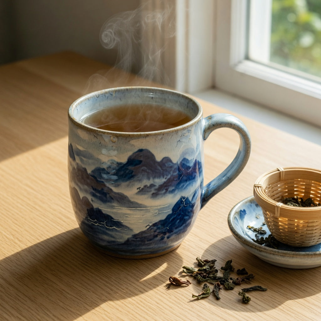 Mountain sea ceramic tea mug with layered blue glaze and steeping loose-leaf tea beside a bamboo infuser on an oak desk