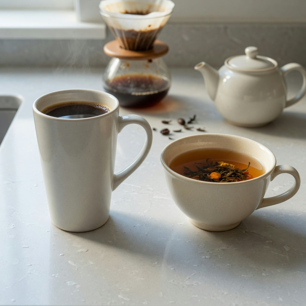 Mountain sea coffee mug vs tea mug comparison with coffee and loose-leaf tea on a kitchen counter