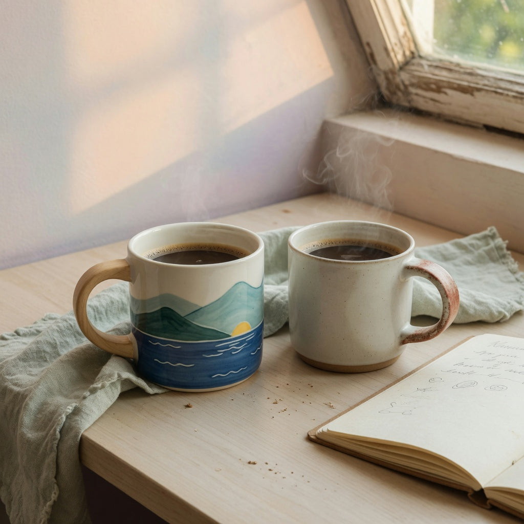 Mountain sea coffee mug wooden handle comparison on a desk next to a plain ceramic mug