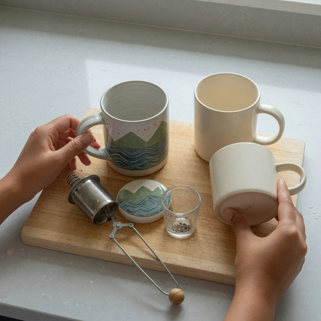 Mountain sea coffee tea mug buying checklist setup comparing grip, base, rim, infuser, and an all-ceramic mug