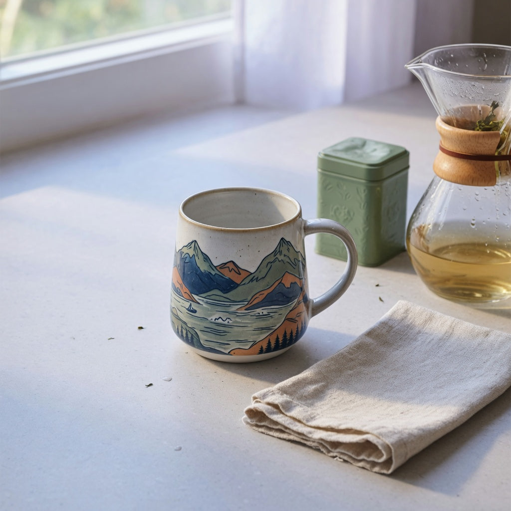 Mountain sea coffee tea mug gift ideas shown with coffee, loose-leaf tea, and a ceramic landscape mug on a kitchen counter